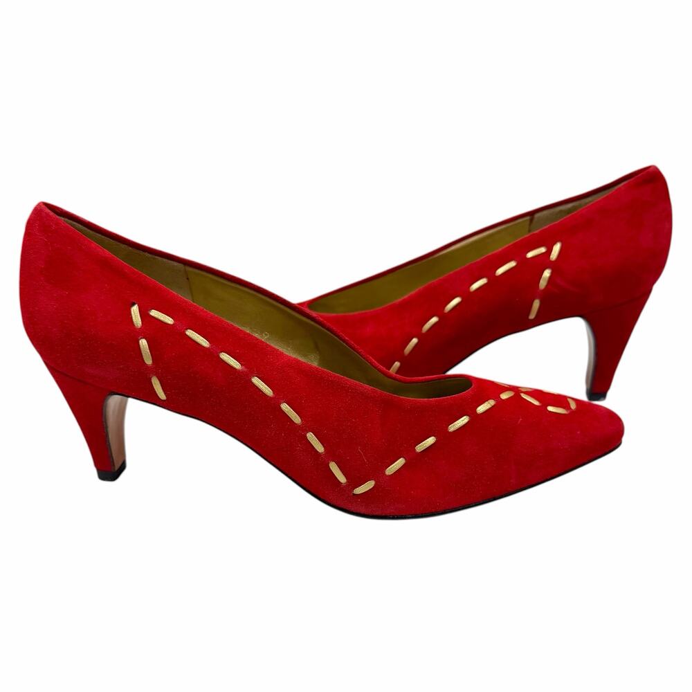 Vtg 80s Evan Picone Red Suede Pumps Gold Stitched Detail Heels Spain Sz 7 M
